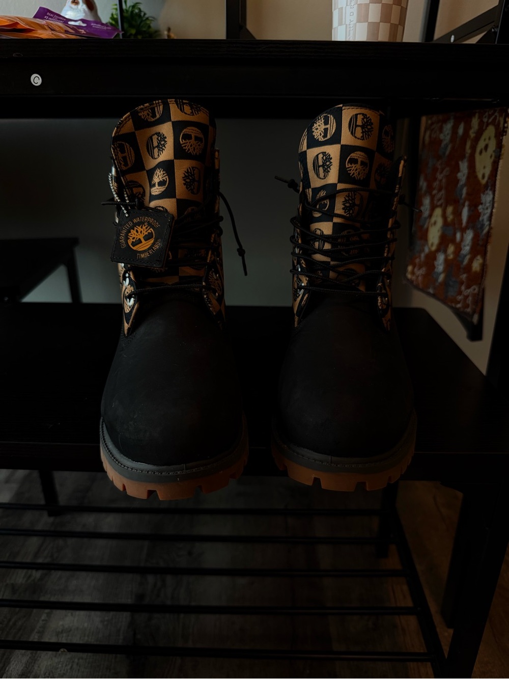 Timberland Black Nubuck Work Boots with Brown Checker Collar
